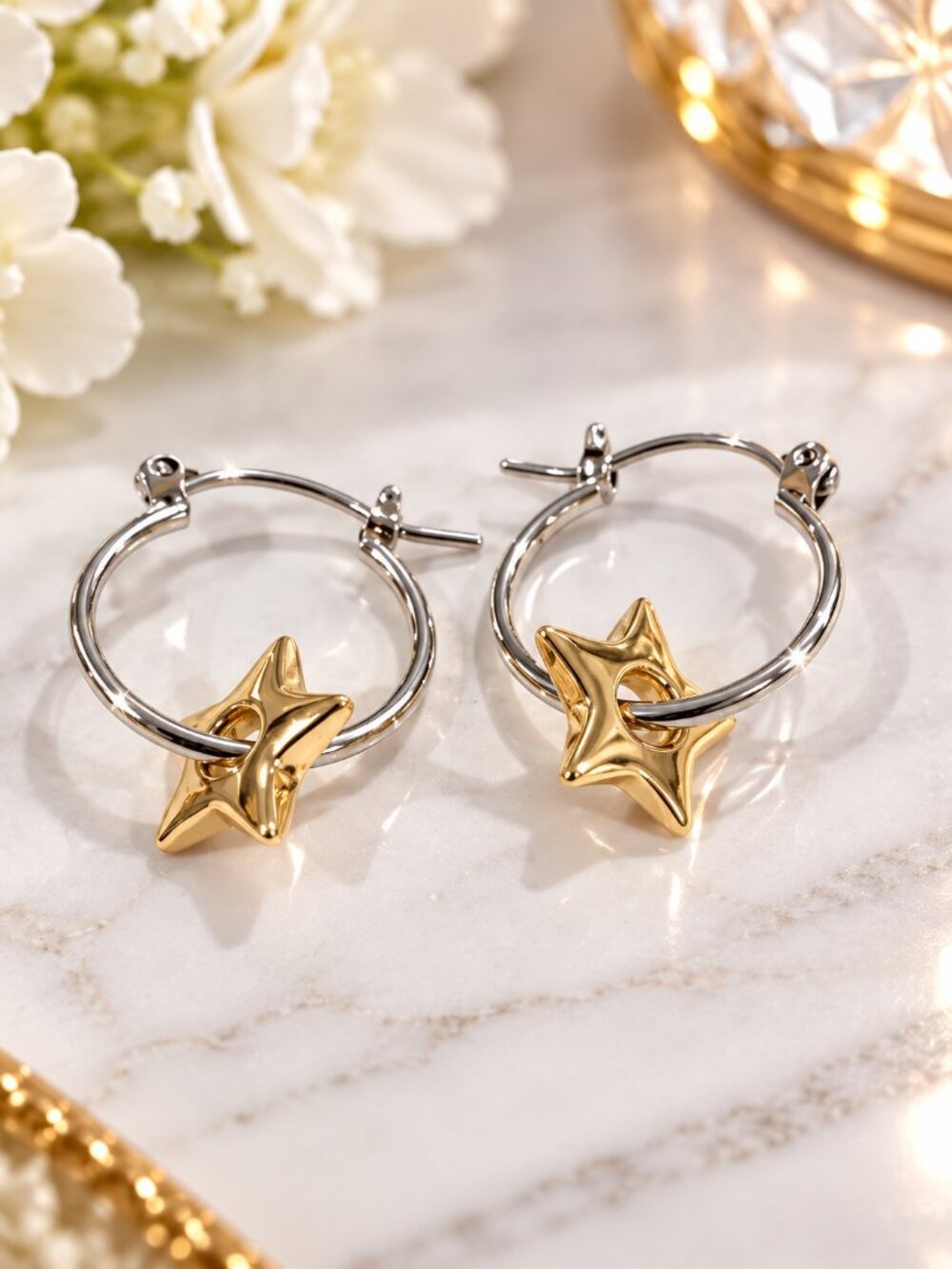 Two Tone Silver Hoop Earrings with Gold Star Charms – Dainty Celestial Jewelry